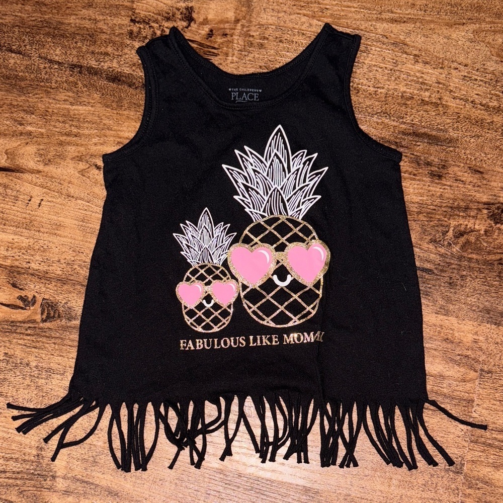 The Children's Place Black Tank with Pink Pineapple Design